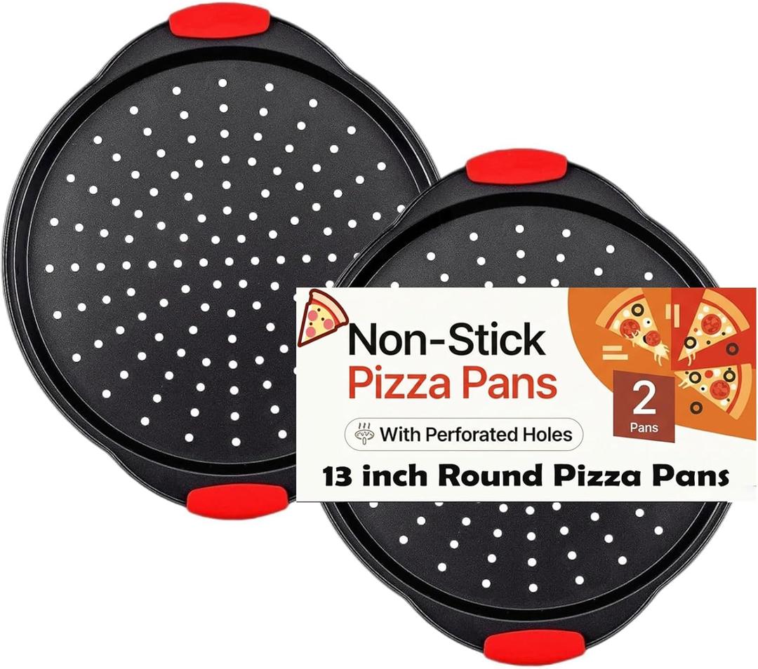 13 Inch Pizza Pan for Oven (2 Pack) Round Pizza Pan with Holes - Non-Stick Carbon Steel Pizza Tray with Silicone Handles - for Cooking, Baking, and Grilling - Dishwasher Safe