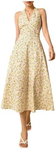 Floerns Women's Summer Floral A Line Halter Top Dress Tie Backless Ruched Midi Dresses Yellow Multi, Small