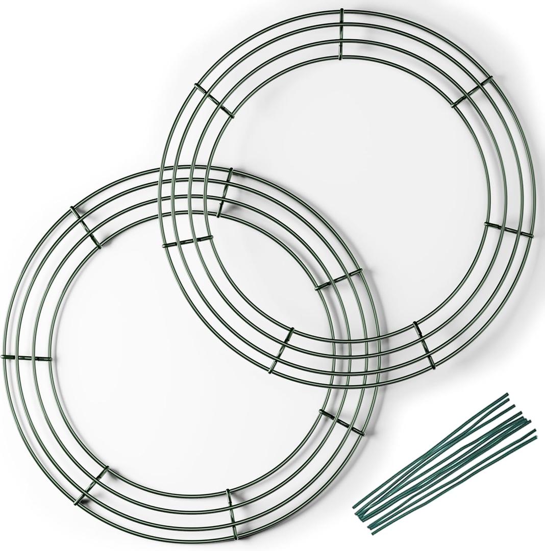 2-Pack 14 Inch Wire Wreath Frame Round Metal Wreath Form with Ring Design for DIY Crafts, Floral Projects, and Home Decor Dark Green Wire Frame for Christmas Holiday & Weddings