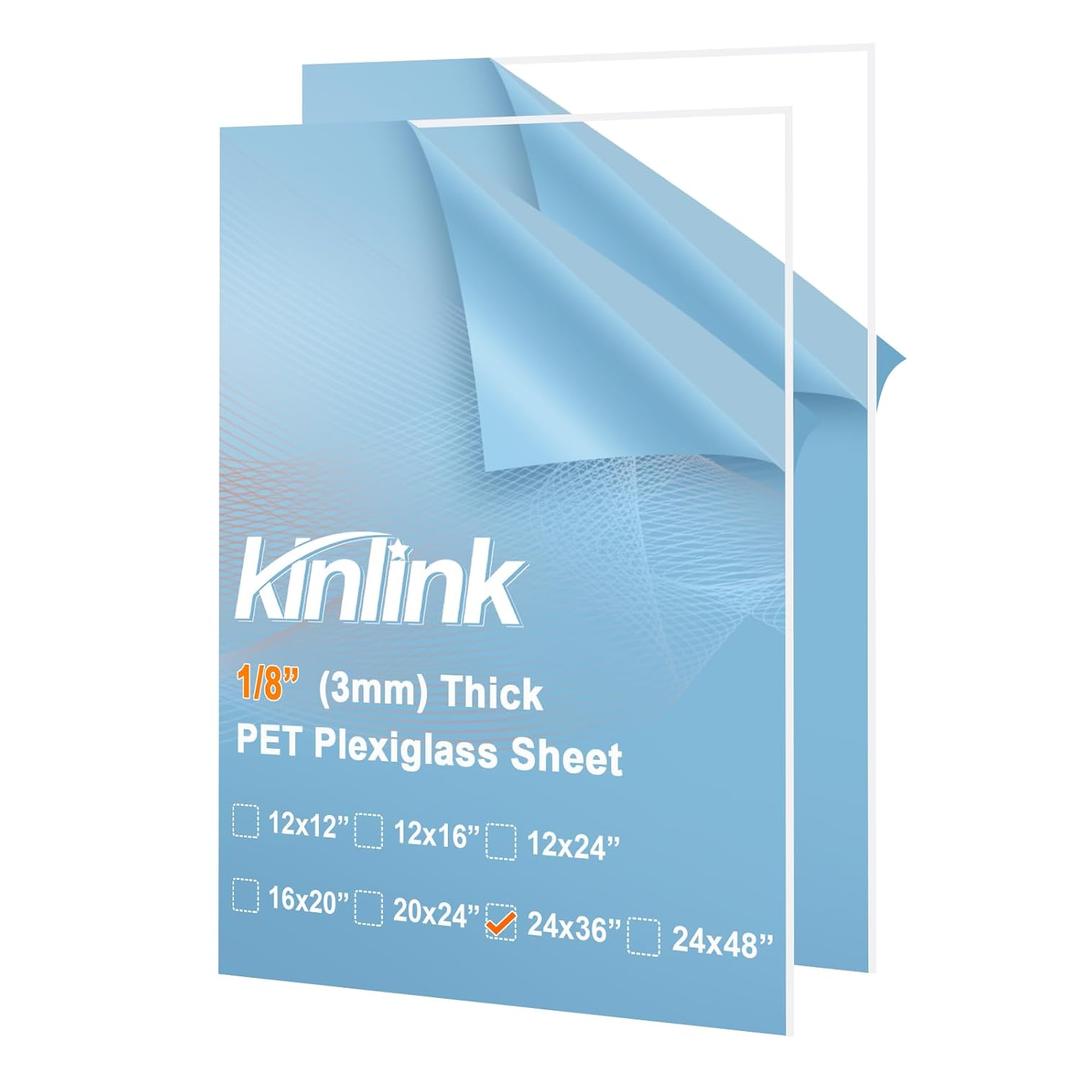 KINLINK 24x36 Plexiglass Sheets 1/8 inch Thick, 3mm Clear PET Large Acrylic Sheets Plastic Sheet for DIY Project, Craft, Table top, Picture Frame, Acrylic Sign and Wedding Invitation 2 Pack