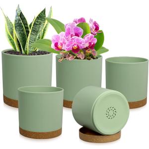 5 Pack Cylindrical Flower Pots with 7/6.5/6/5/4 inch, Modern Small Plastic Plant Pots with Drainage Holes & Saucers, Round Planter Pots for Outdoor, Indoor & Office Decor (Green Brown)