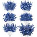 Moucuny 75 Pcs Christmas Glitter Picks Artificial Christmas Tree Picks and Sprays for Tree 5 Styles Berries Stems Cedar Bay Leaves Fern Pine Branches for Vase Fillers Wreath Garland (Blue)