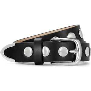JASGOOD Women Black Studded Leather Belt for Jeans Pants Fashion Silver Black Belts Ladies (Black)