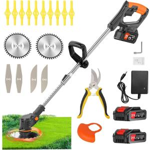 21V Cordless Weed Wacker Electric String Trimmer/Edger, 2.0Ah Battery and Charger Included, Brush Cutter Lawn Mower with 3 Types of Blades, for Lawn, Yard and Bush Trimming