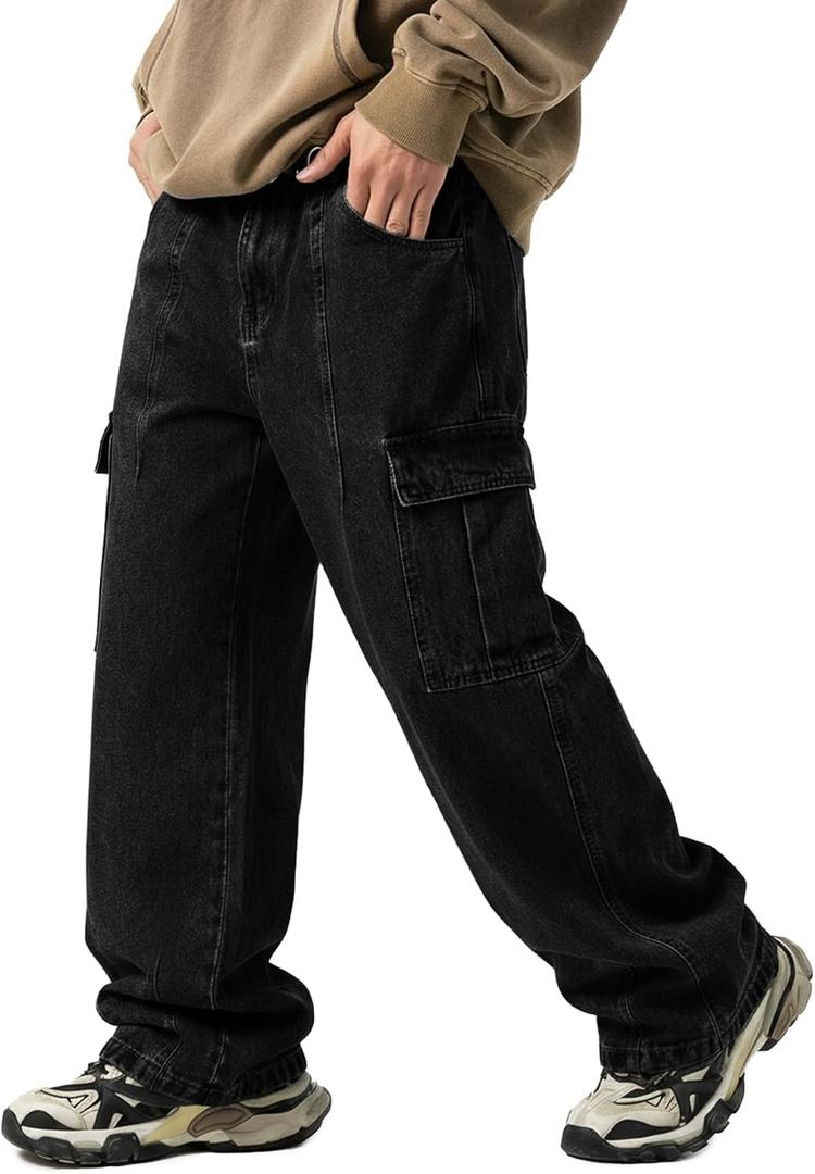 EMMIOL 203 Cargo Baggy Jeans for Men, Pants Wide Leg, Relaxed Loose Fit Denim Y2K Straight Leg Streetwear Vintage (Small, Black)