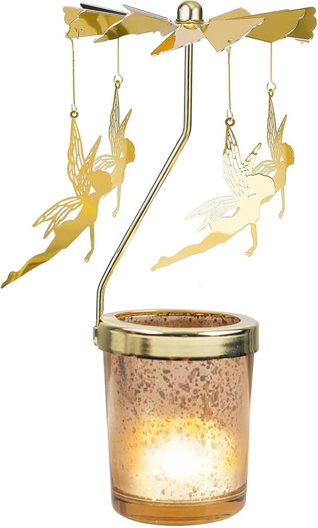 Mercury Glass Fairy Rotary Candle Holder Spinning, Gold Votive Tea Light Candle Carousel Spinner for Women Girls Gift Living Room Bedroom Home Decor