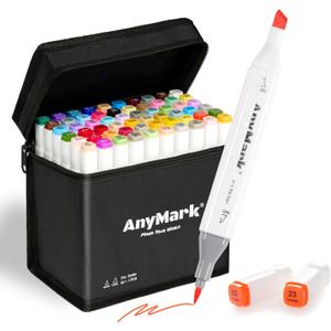 AnyMark Alcohol Markers Brush Tip, 60+1 Colors Dual Tip Brush & Chisel Alcohol-Based Art Markers Set with Case for Adult Artists Drawing Coloring