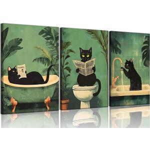 3Pcs Funny Black Cat Bathroom Canvas Wall Art Vintage Cat Wash its paws Reading Newspaper Posters Prints Modern Green bathroom Decor Pictures Painting for Bathroom Toilet Artwork Decorations, 24"L x 16"W Canvas
