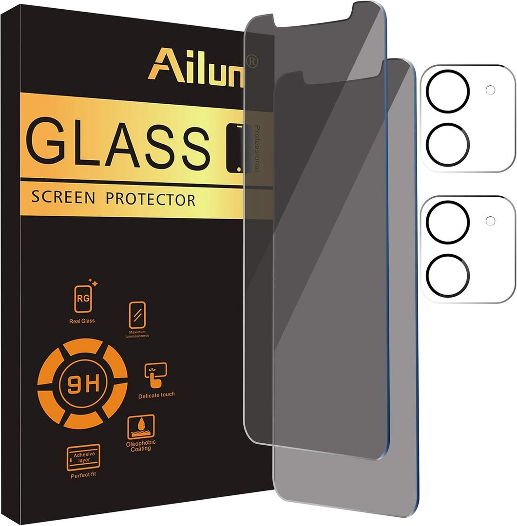 Ailun 2Pack Privacy Screen Protector for iPhone 12 [6.1 inch] + 2 Pack Camera Lens Protector, Anti Spy Private Tempered Glass Film,[9H Hardness] - HD