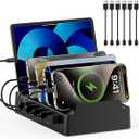 Charging Station for Multiple Devices, 6 Port Charger Stations with Flame-Retardant Material & 6 Cables for Apple, Android, iPad, Office Desk Charging Dock Organizer (Black)