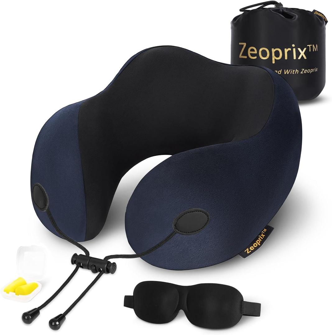 Travel Pillow, Memory Foam Neck Pillow for Airplane, Ergonomic Neck Support with Washable & Breathable Cover, Includes Eye Mask, Earplugs & Compact Bag for Long Flights, Cars, Home & Office