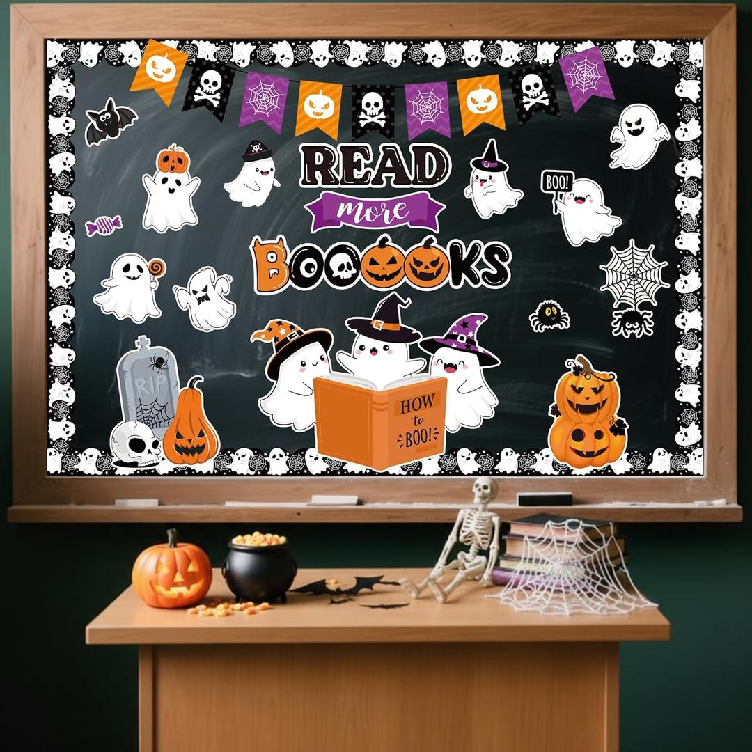 Pasimy Halloween Bulletin Board Decorations Set Halloween Theme Classroom Decor Spider Bat Ghost Pumpkin Cutouts with Borders for Home School Party Supplies(Ghost)
