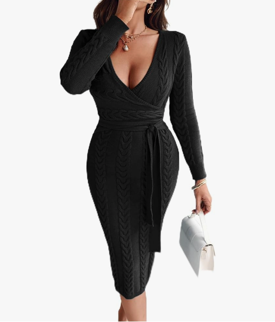 CHICME Elegant Cable Knit Wrap Dress for Women Long Sleeve V Neck Tie Waist Midi Sweater Dress.L