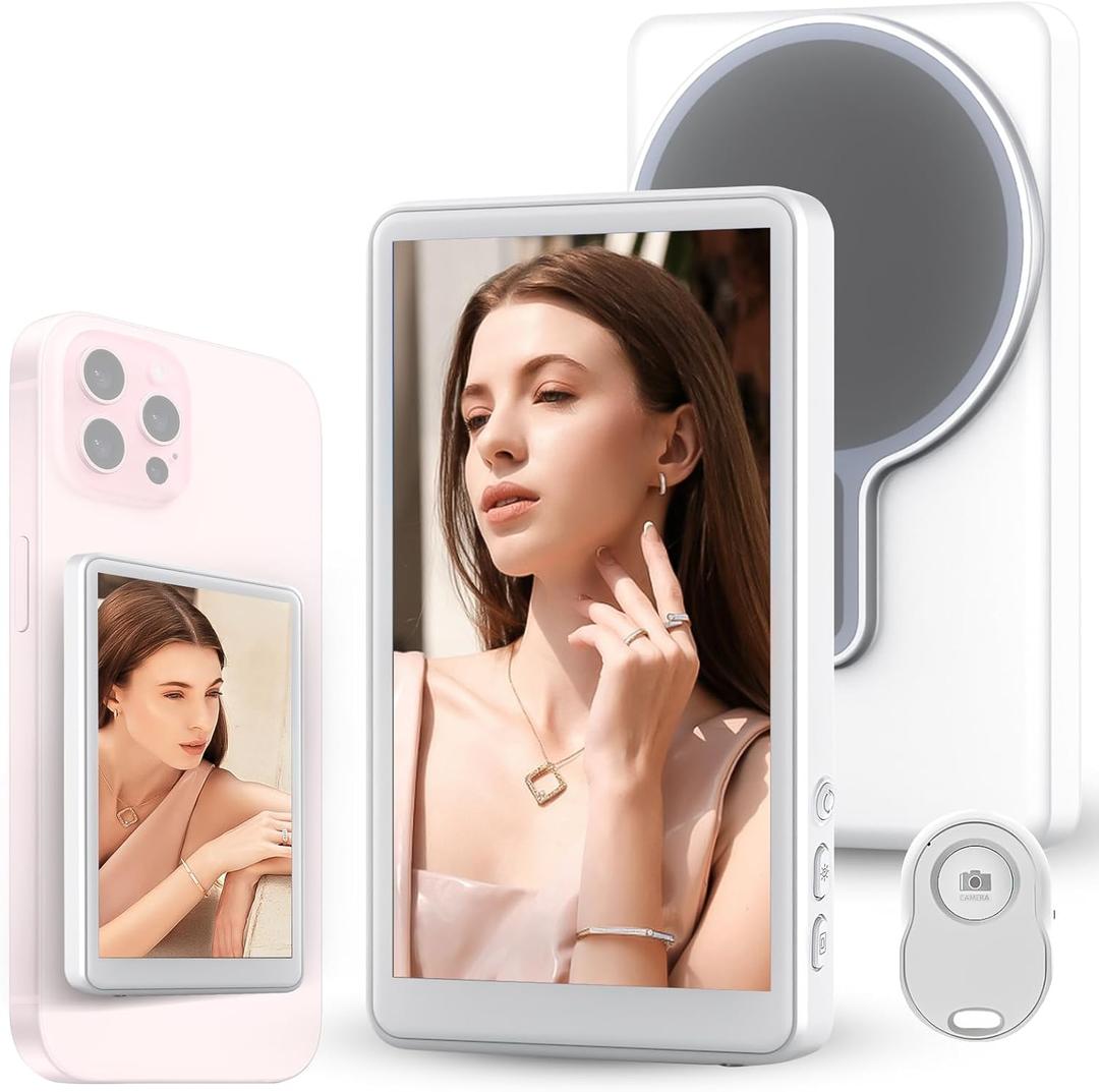 Wireless Selfie Monitor Screen, Rear Camera Monitor for iPhone/Android, Portable Phone Vlog Selfie Monitor Screen with Remote Control & Magnetic Connection, 1800 mAh Rechargeable Battery, White