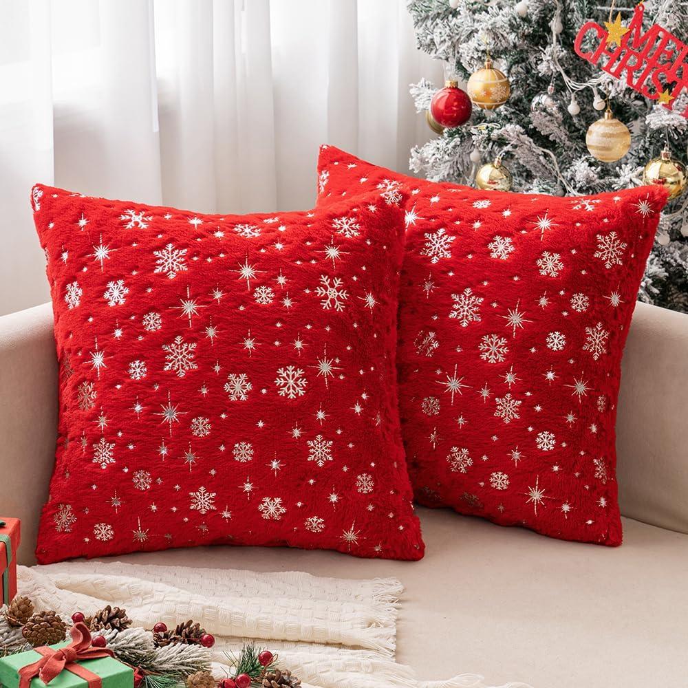 MIULEE Set of 2 Decorative Throw Pillow Covers, Soft Faux Fur Pillow Cases Covers with Silver Snowflake Glitter Printed Cute Pillowcases for Christmas Couch Sofa Bed Girls Room, 16 X 16 Inch, Red