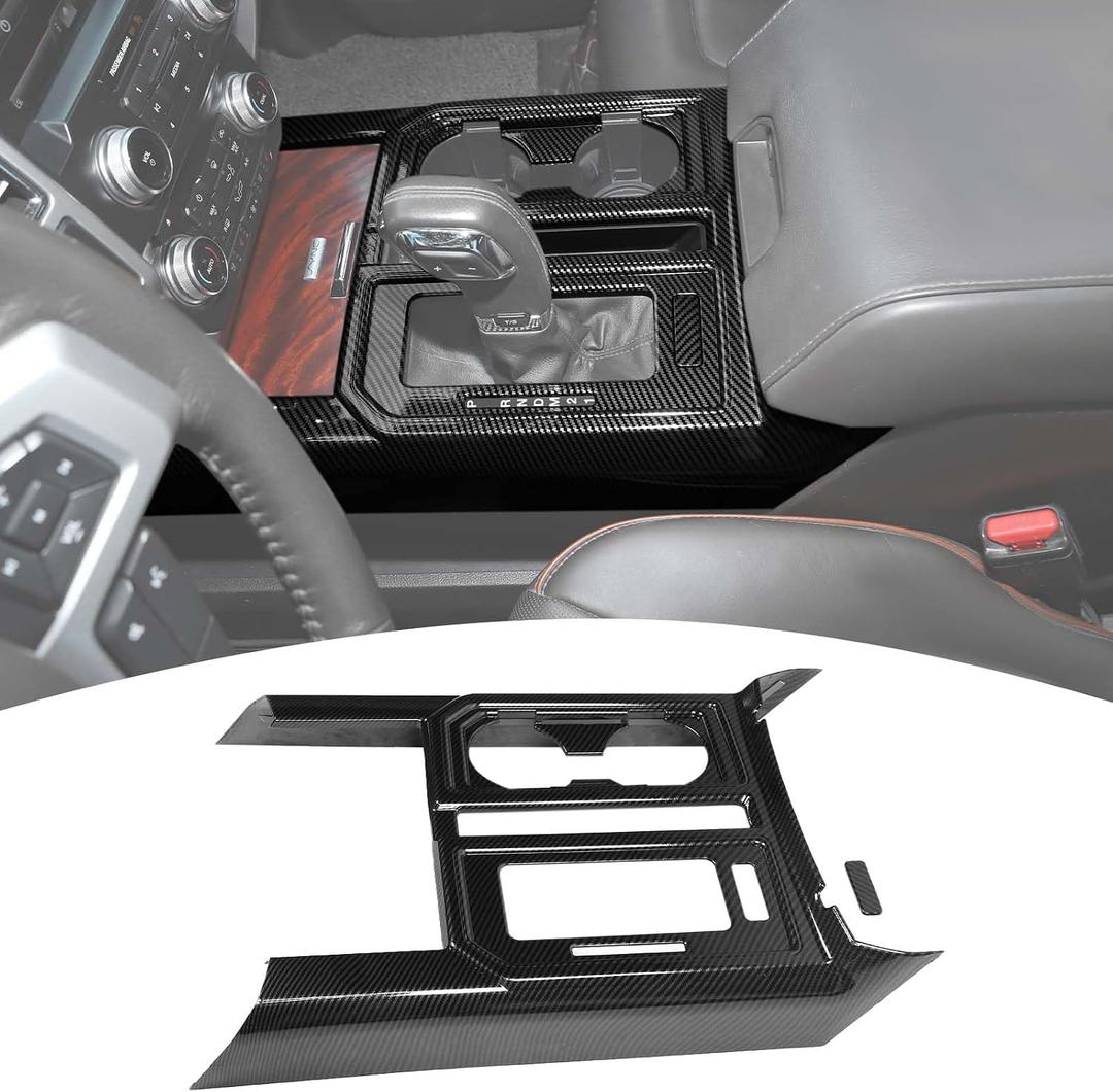 for F150 Center Console Trim Carbon Fiber, Gear Shift Panel Cup Holder Cover Trim for Ford F150 2015-2020 Carbon Fiber Interior Accessories
