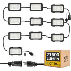 LED String Lights: 3 Prong 180w ETL Listed Bright Industrial Outdoor Temporary Lighting Hanging IP65 Waterproof 18AWG Wire Work Construction Light for Attic Jobsite Garage
