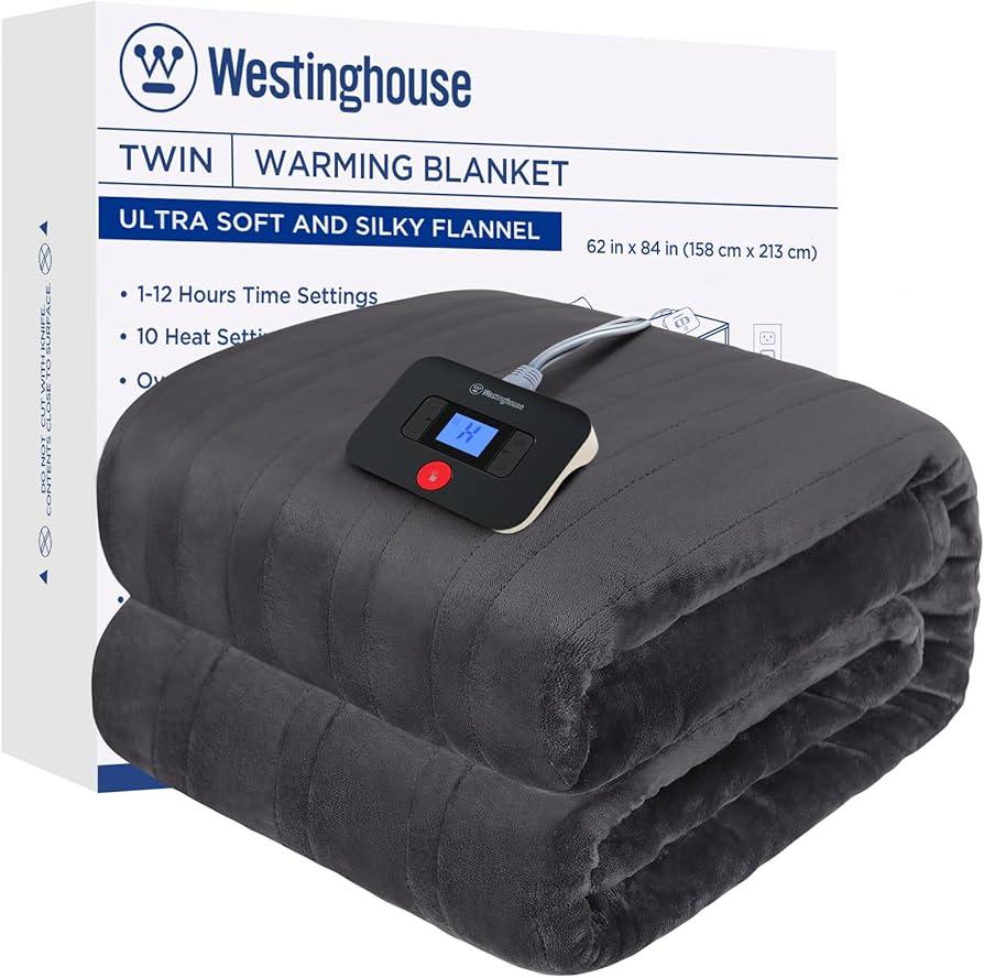 Westinghouse Heated Blanket, Electric Throw Blanket with 10 Heating Levels, 12 Hours Auto Off, Overheat Protection, Machine Washable, Flannel (Twin, 62x84 Inches, Charcoal)