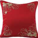 Violet Linen Seasonal Xmas Christmas Holiday Ornaments Solid Vibrant Red Pattern, Polyester Satin Fabric, Embroidered, Leaves, 18 Inch x 18 Inch, Square, Decorative Accent Throw Pillow Cover