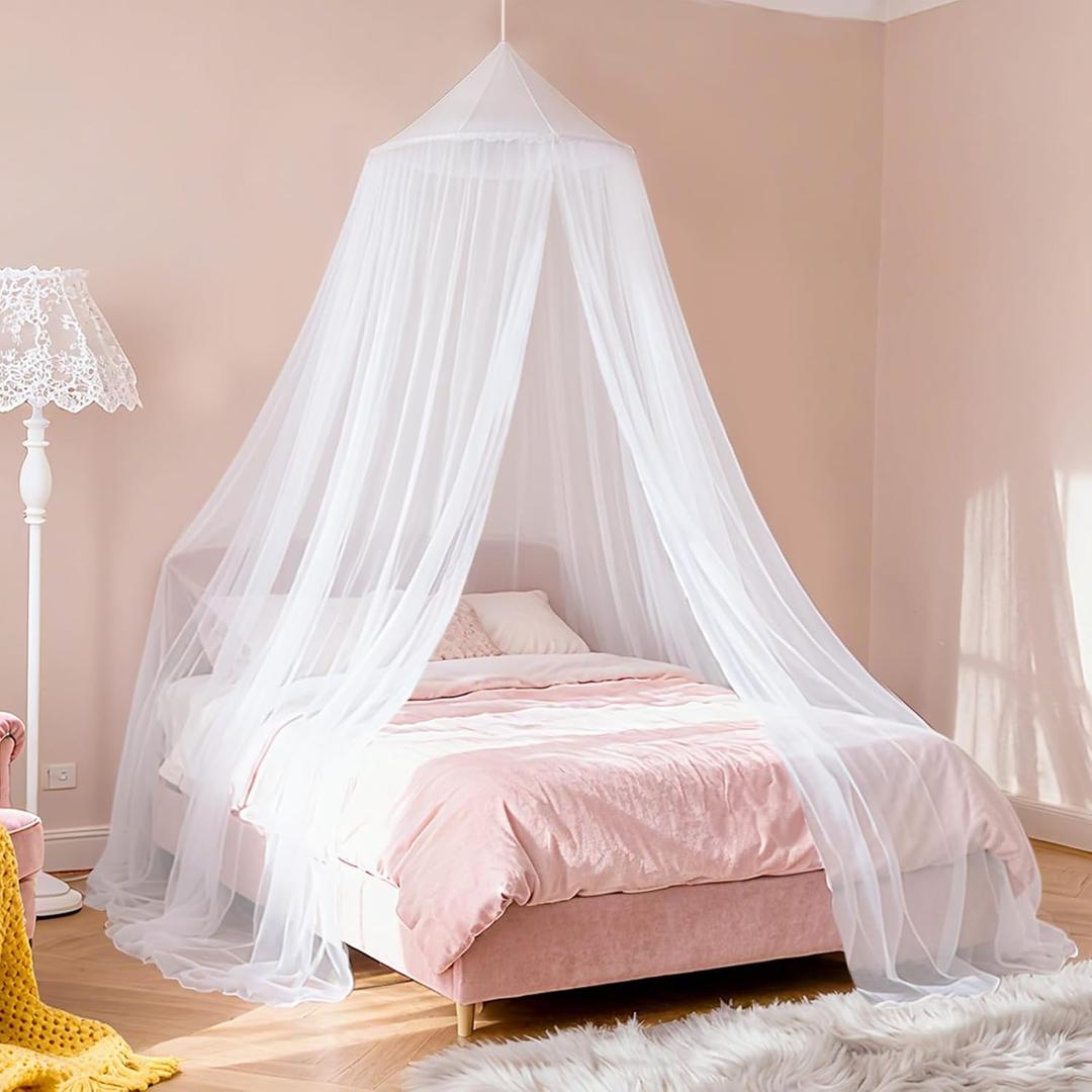 White Bed Canopy for Girls,Kids Princess Round Dome Bed Curtain, Dreamy Mosquito Netting for Girls, Bedroom Accessories, Ceiling Tent