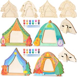 DoubleFill 12 Pcs Camping Crafts Paint Camp Wood Picture Frame Crafts with Acrylic Paint Kits for DIY Picture Frame Gifts Bulk Summer Camp Party Favor for Home Vbs Sunday