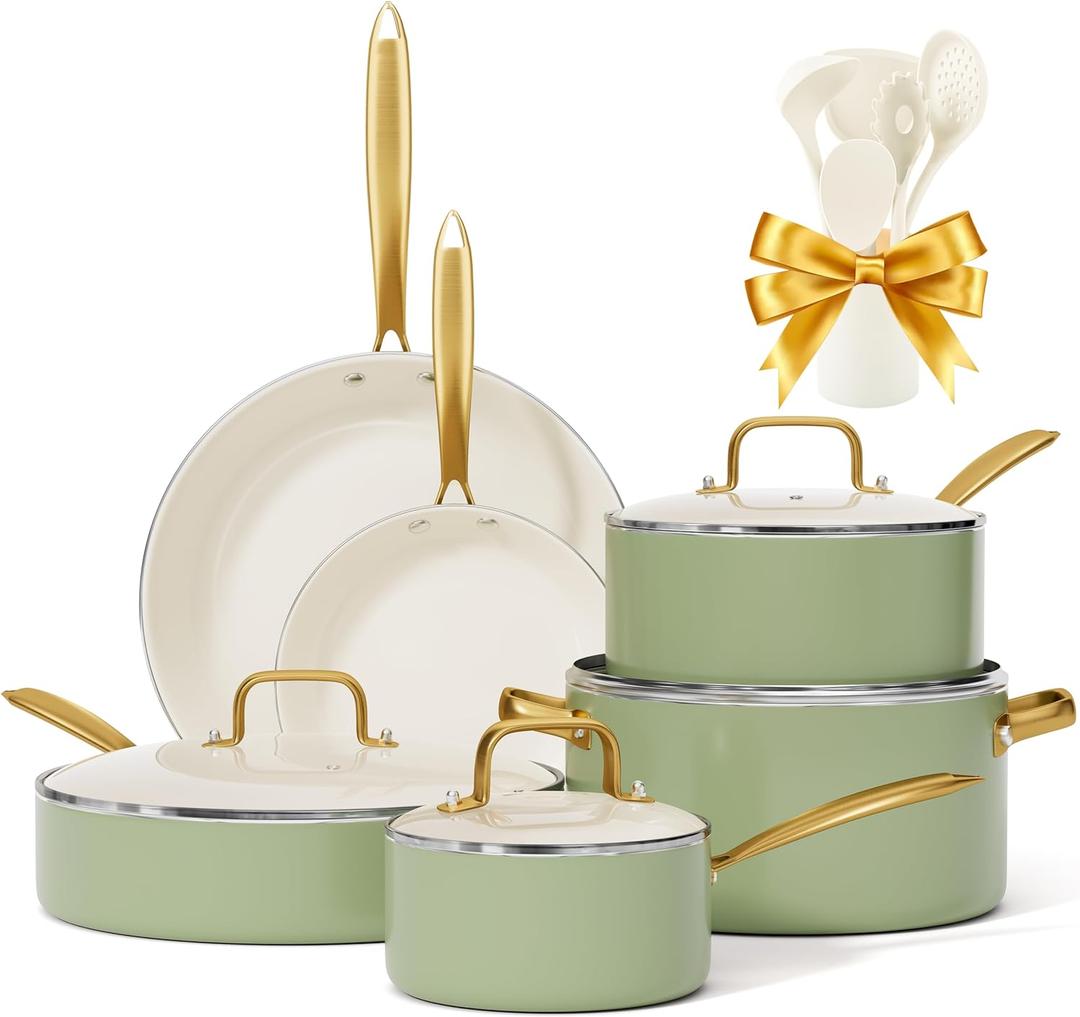 Pots and Pans Set Non Stick - VONIKI Ceramic Cookware Set with Cooking Utensils Set, Non Toxic Kitchen Cookware Sets Dutch Oven Pot with Lid Saucepan Set Saut Pan Frying Pan Set for Cooking Gifts