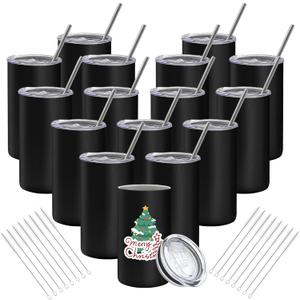 16 Pack Tumblers Blanks Bulk Skinny Straight Tumbler Stainless Steel Double Wall Insulated Water Bottles with Lid & Straw for DIY Gift, 12oz Black