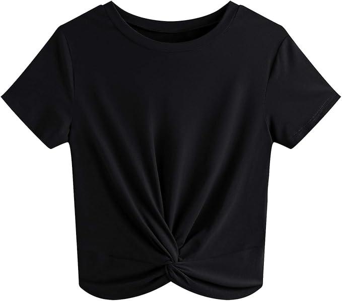 JINKESI Women's Summer Causal Short Sleeve Blouse Round Neck Crop Tops Twist Front Tee T-Shirt