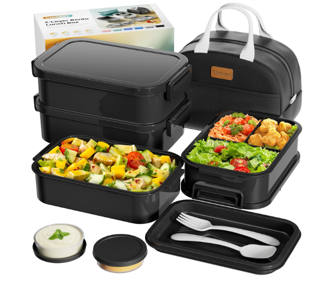 Adults Bento Box with Insulated Lunch Bag, 74oz Capacity 3 Stackable LeakProof Bento Box BuiltIn Utensil and Sauce, PFAS & BPAFree, Microwave & Dishwasher Safe (Astral Black)