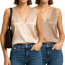 Geyoga 2 Pack Womens Silk Satin Tank Tops V Neck Blouses Sleeveless Casual Tank Shirts Cami Shirt Basic Camisole (L)