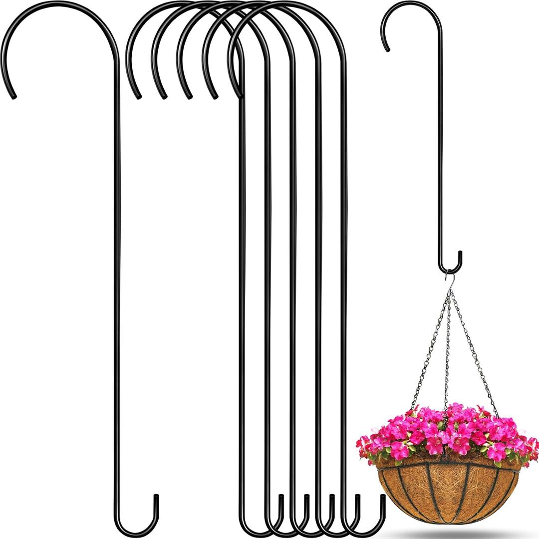 6 Pack 24 Inch Long S Hooks for Hanging Plants, Heavy Duty Metal Tree Branch Hangers Extenders for Bird Feeders Flower Baskets Wind Chimes Black Vinyl Coated Garden Hook
