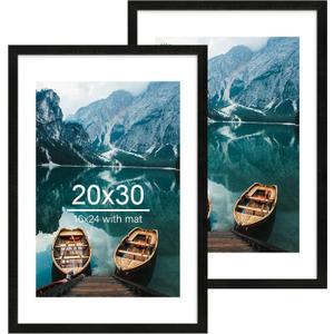 Hongkee 20x30 Frame Set of 2, Rustic Black Wood Style - Display 16x24 Picture with Mat or 20 x 30 Poster without Mat, Wall Mounting Horizontal and Vertical