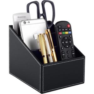 Fashionable PU Leather TV Remote Control Holder with 3 Compartments, Storage Rack, Storage Box, Media Accessory Storage, Desk Organizers (Black)