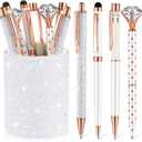 Sabary 8 Pcs Ballpoint Pens with Pen Holder for Desk Glitter Crystal Diamond Fancy Pencil Holder Bling Desk Organizer Cute Stationery Supplies for Women Girls Wedding Office School Gifts(White)