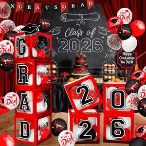 2026 Graduation Decorations - Red Balloon Boxes with Letters 2026 Grad & So Proud of You and Red Black White Print Balloons, Graduation Party Decorations Class of 2026 for Any Grades