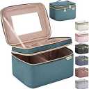 Large Makeup Bag with Mirror Double Layer Travel Make Up Organizer Case, Large Capacity Coemetic with Brush Slot Divider, Travel Toiletry Bag for Women (Lake Blue)