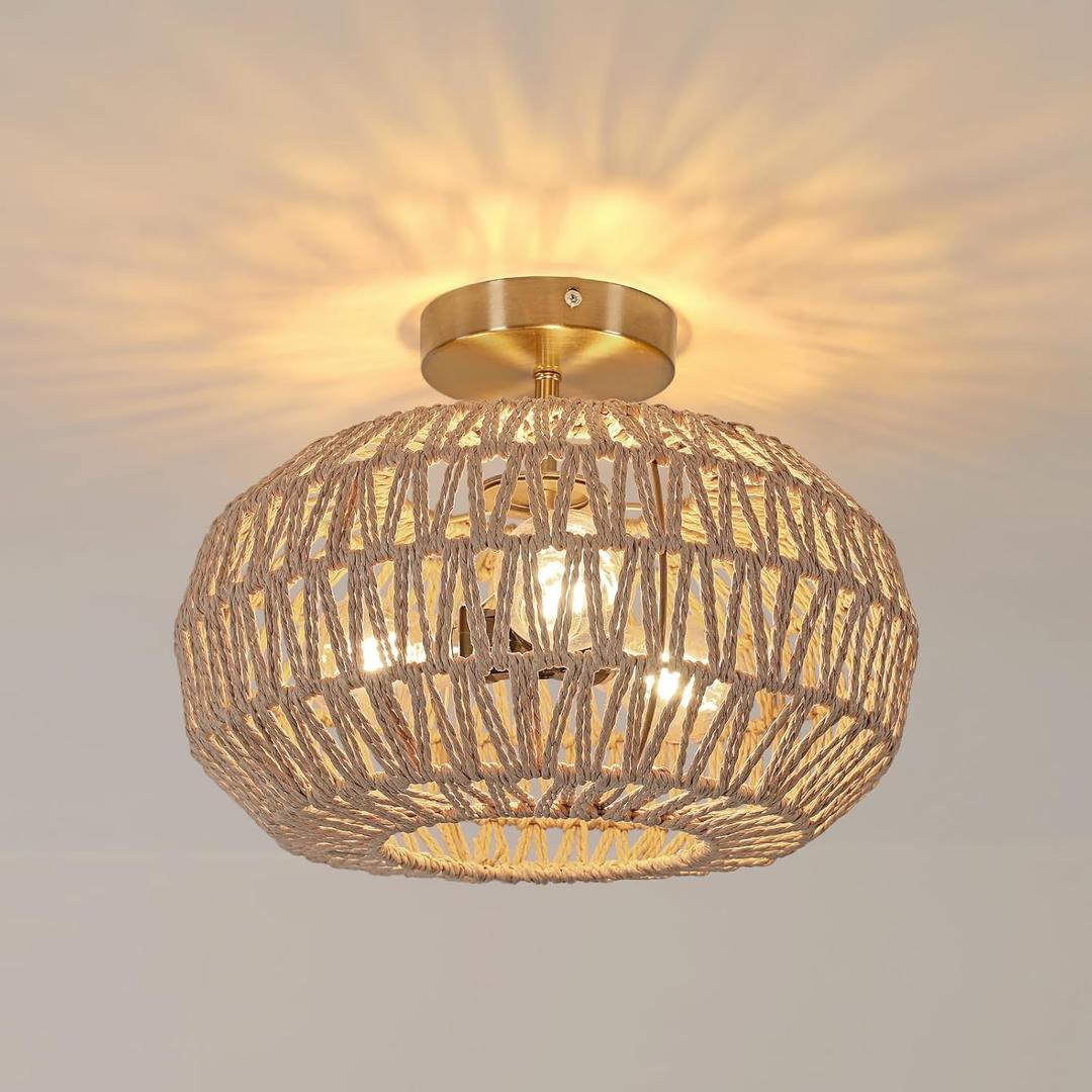 DELIPOP Boho Light Fixtures, 12inch Farmhouse Rattan Ceiling Light, Hand Woven Ceiling Light Fixtures Flush Mount for Hallway Bedroom Kitchen Entryway Living Room