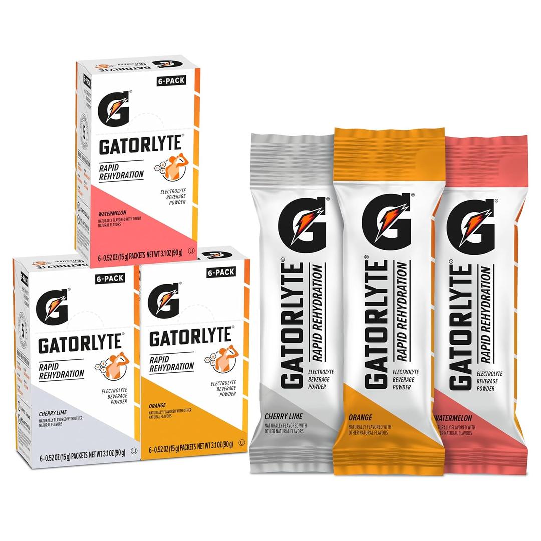 Gatorlyte Rapid Rehydration Electrolyte Beverage, Variety Pack, Lower Sugar, Specialized Blend of 5 Electrolytes, No Artificial Sweeteners or Flavors, 18 pack, 1 pack mixes with 16.9oz (500ml) water (EXP 10/17/26)
