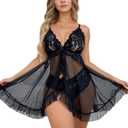 dream love Women Lingerie Lace Babydoll Chemise Ruffle Nightgown Sleepwear S-XXL (Black, L)