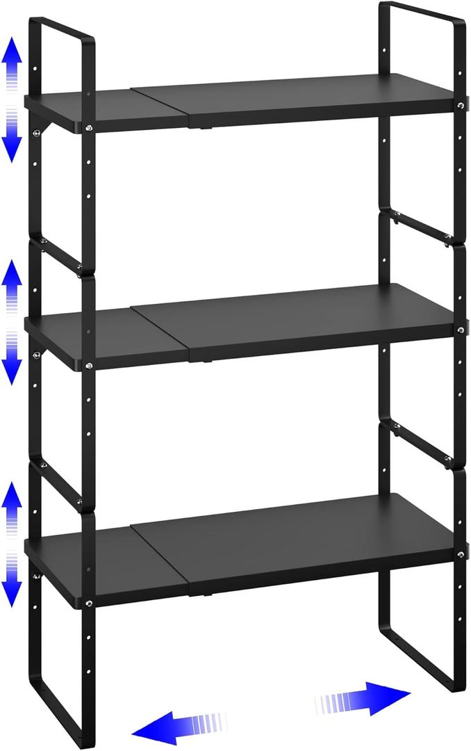 Expandable Cabinet Shelf Organizer, Stackable Kitchen Pantry Counter Storage, Adjustable Closet Cupboard Stand Rack Risers Spice Organization 80LBS Heavy Duty Black Small 3 Pack