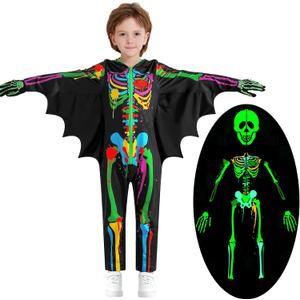 Kids Skeleton Costume Halloween Toddler Luminous Scary Skull Bones Jumpsuit Boys Girls Scary Cosplay Bodysuit 3-10T (4-6T, Colour1)