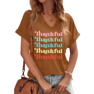 Thanksgiving Shirts for Women Thankful V Neck Shirt Family Thanksgiving Gifts Short Sleeve Tee Fall Top (Brown, S)