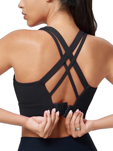 Sports Bras for Women High Support, High Impact Running Criss Cross Strappy Bra Crop Top, Molded Cup, Hook and Eye Closure Black Medium