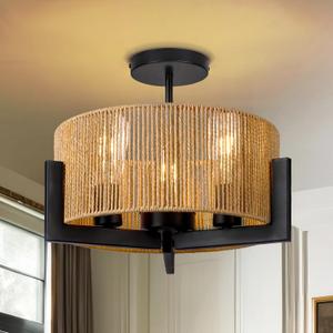 Boho Light Fixture,13.6'' Rattan Ceiling Lights,3-Light Coastal Semi Flush Mount Ceiling Light Fixture,Farmhouse Chandelier, Nursery Light Fixtures,Flush Mount Lights for Bedroom Entryway