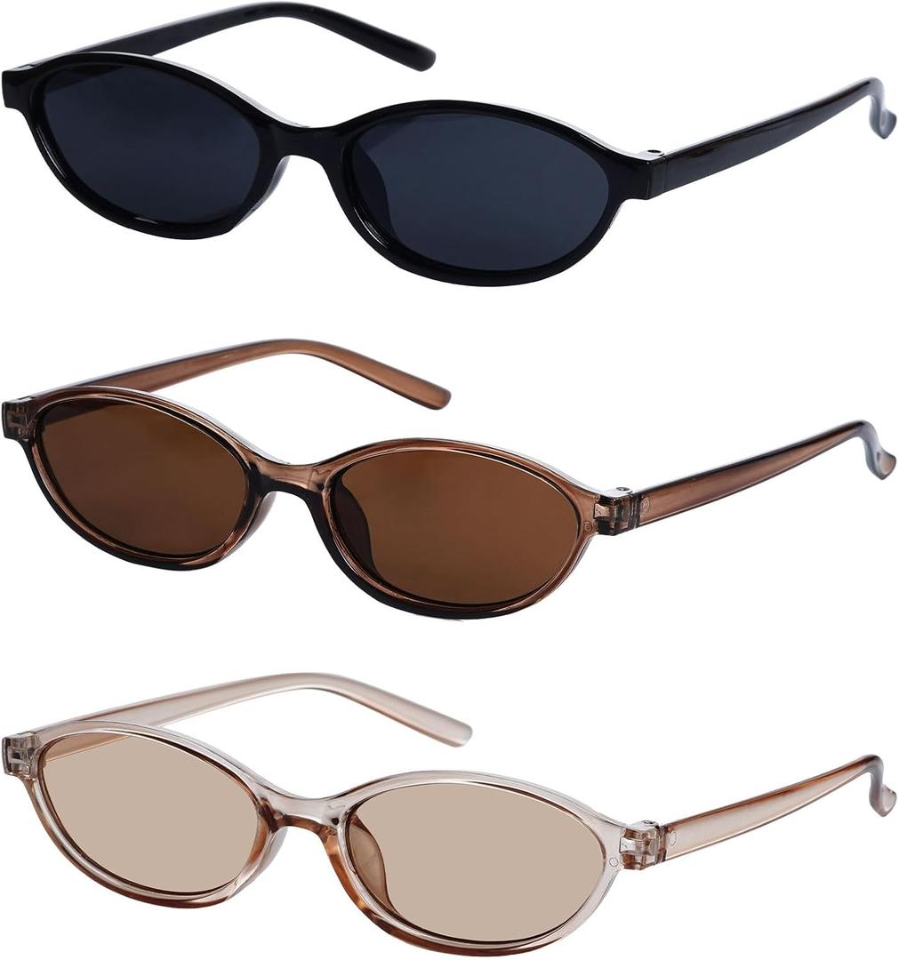 3 Pairs Retro Oval Cat Eye Sunglasses for Women 90s Designer Narrow Sunnies Y2k Trendy UV protection Sun Glasses (Black/Gray + Brown/Gradient Tea + Champagne/Champagne)