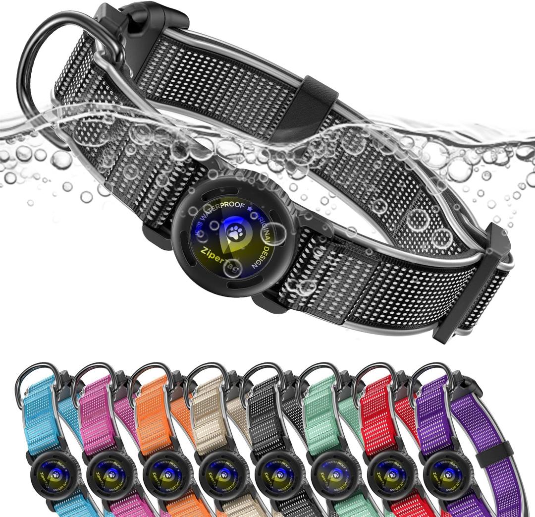 For Airtag Dog Collar with Air Tagholder | IPX8 Waterproof | Reflective Air Tag Dog Collar & QR Code Buckle | Adjustable Durable Padded Nylon Collars for Small Dogs, Black, S, 12"-15"