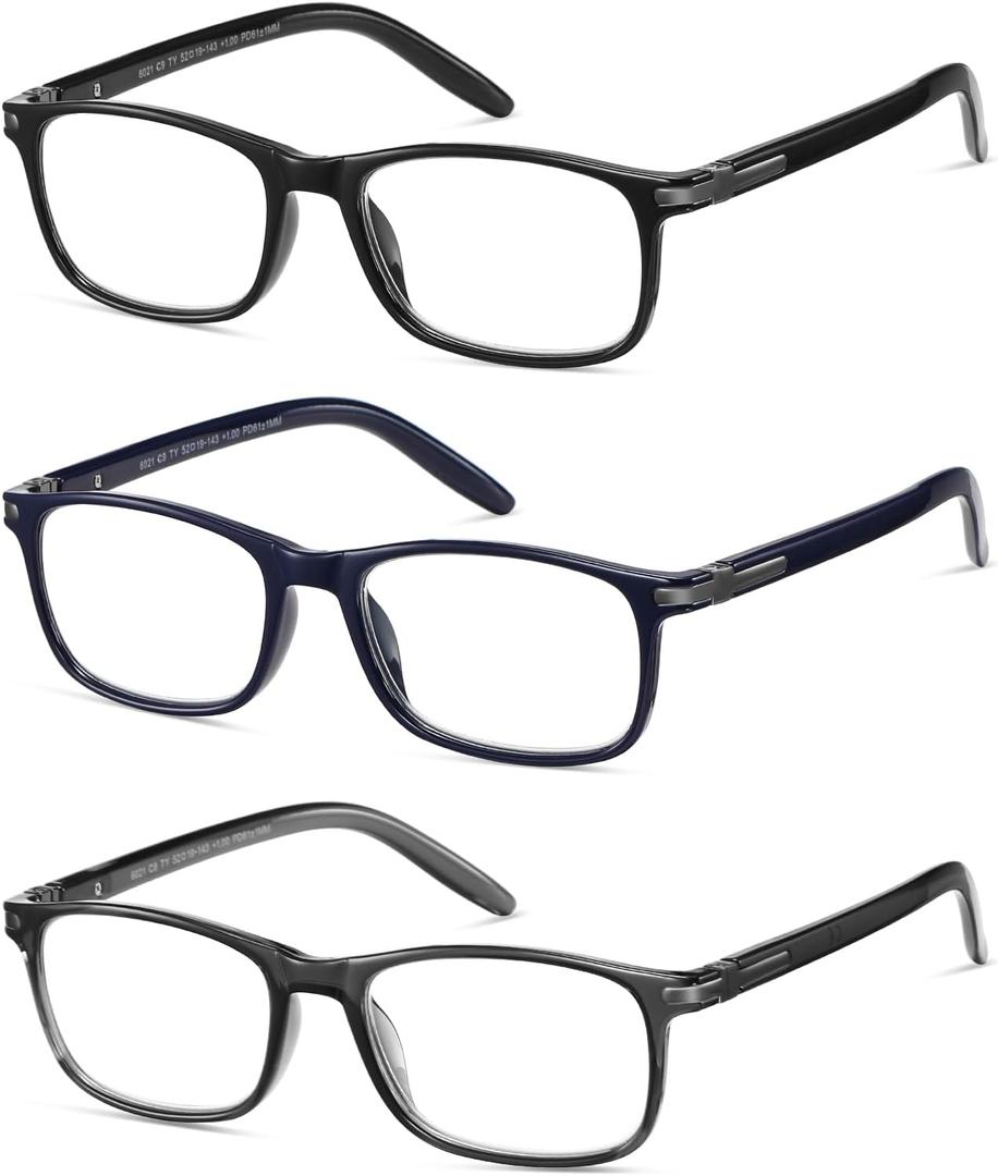 LKEYE Reading Glasses for Men Women Blue Light Blocking Rectangles Computer Readers Wide Frame with Spring Hinge Lightweight Square Eyeglasses LK6021 3pack (+1.0 Strength)