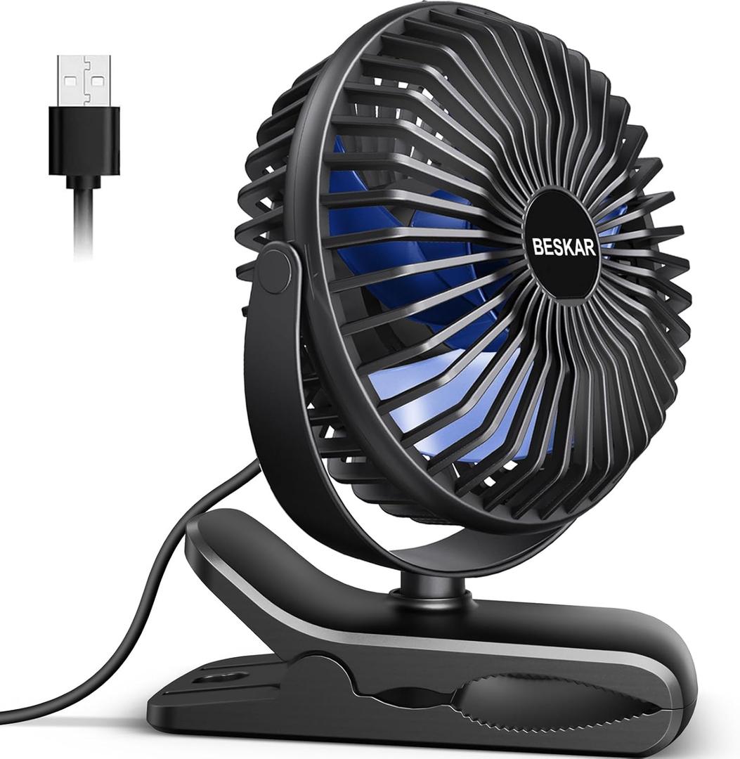 BESKAR USB Clip on Fan, Portable Small Fan with Cord Powered, 3 Speeds Strong Airflow, with Sturdy Clamp, Quiet Personal Desk Fan 