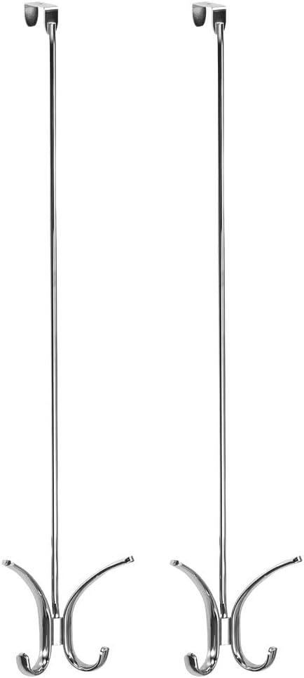 mDesign Modern Metal Long, Easy Reach Over-The-Door 4 Prong Hanging Storage Organizer Hook to Hang Jackets, Coats, Robes, Clothing, Hats, Scarves, Purses, Leashes, Towels, 24" Tall, 2 Pack - Chrome