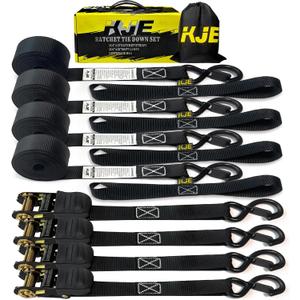 KJE Black Ratchet Straps, (4) 1" x 15' Tie Down Strap Sets + (4) Soft Loops, TPR Handles & Coated S Hook W/Safety Clip, 1800lb Break Strength, Cargo Strap for Motorcycle, ATV